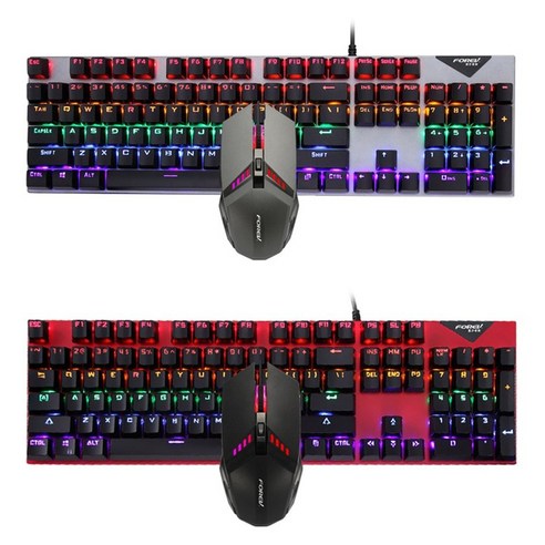 FOREV FV-Q609 유선 e스포츠 게임용 키보드 마우스 조합 레인보우 104키 RGB 키보드 마우스 PC 게임용 세트, 붉은색