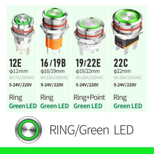 LANBOO 20A 고전류 금속 버튼 스위치 12 16 19 22mm 빨간색 녹색 파란색 LED 524V 또는 924V 220V, 13.G LED Ring - 220 - 12mm 12E