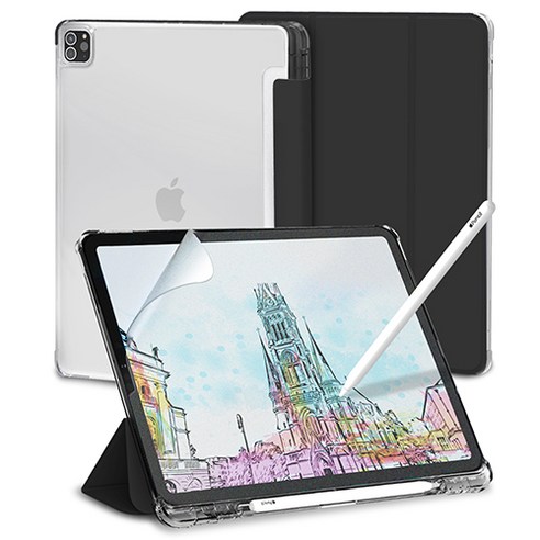 신지모루 클리어 쉴드 애플펜슬 수납 태블릿PC 케이스 + 종이질감 액정보호 필름 세트, 블랙