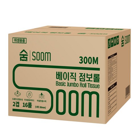 숨 베이직 점보롤 2겹 300M 대용량 공공장소 휴게소 업소용 빌딩관리 화장지 휴지 두루마리, 1개, 16롤, 300m