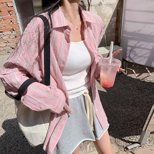 메이킹유 긴팔 카라넥 스트라이프 루즈핏 데일리 W58159블리오셔츠 핑크블라우스 메이킹유 긴팔 카라넥 스트라이프 루즈핏 데일리 W58159블리오셔츠 핑크블라우스