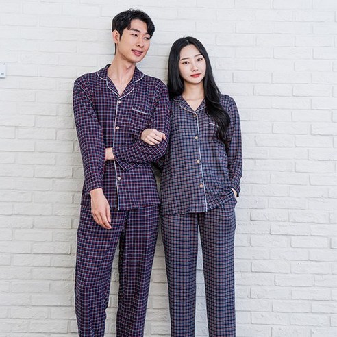 이라인 타이디 네이비체크 커플잠옷