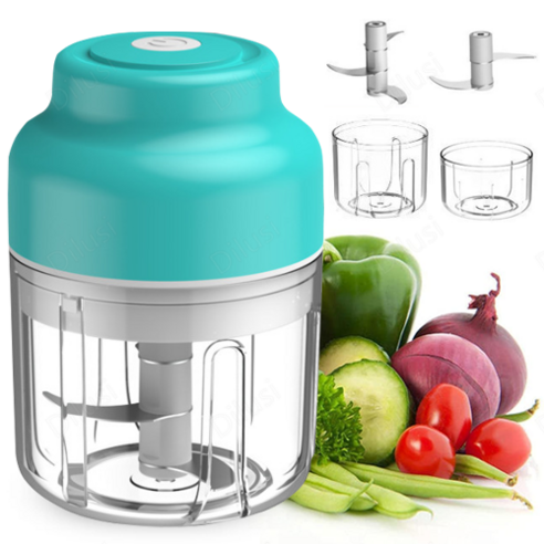 미니 다지기 야채 고기 이유식 무선 전동 마늘파쇄기 3중칼날 대용량250ml + 100ml용량 컵 + 2중칼날, 푸른