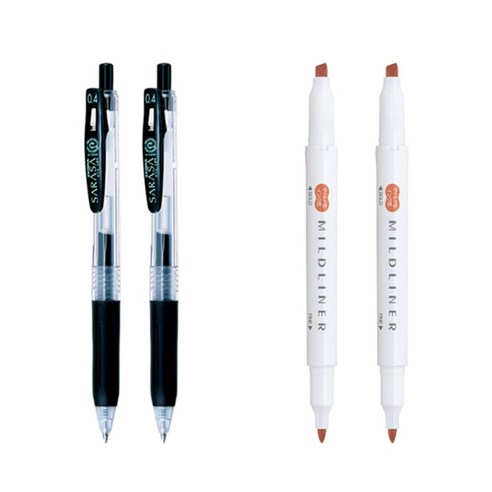 제브라 마일드라이너 마카 2p + 사라사 클립 볼펜 0.4mm 2p 세트, 버밀리온(마일드라이너), 검정(볼펜), 1세트