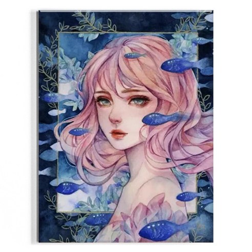 오로라데코덴 캔버스형 보석십자수 30x40cm, MK078 물고기와 소녀