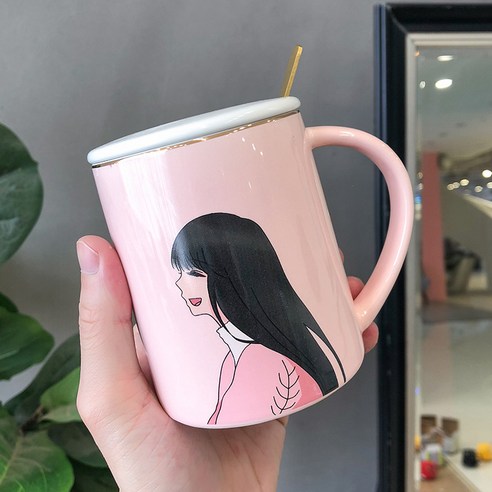 사랑스러운 만화 남녀 두상 커플 도자기 컵, 파우더, 450ML