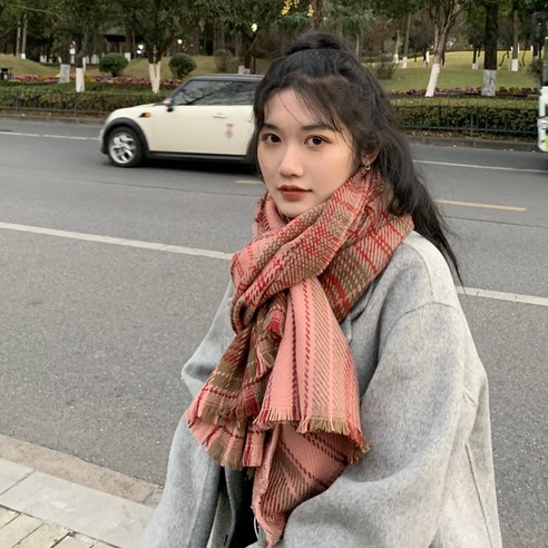 KORELAN빨간 한국 ins 가을 겨울 스카프 체크 스카프 학생 보온 복고 영륜풍 숄 목도리 여자