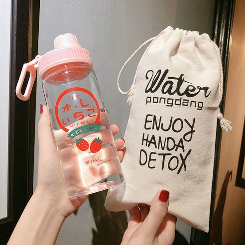 [LM] 500ml 플라스틱 물병 투명/반투명 병 귀여운 물병 카톤 딸기 물병 전화 스탠드 휴대용, 9_500ml