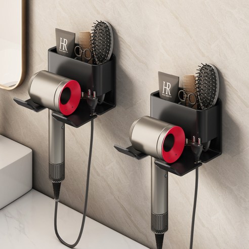 에스위두 무타공 수납형 강력접착 드라이기 거치대, 2개, 블랙