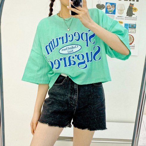 빅사이즈 오버핏 라운드 반팔 데일리룩 여성용 나염티 루즈핏 슈가바스락크롭티
