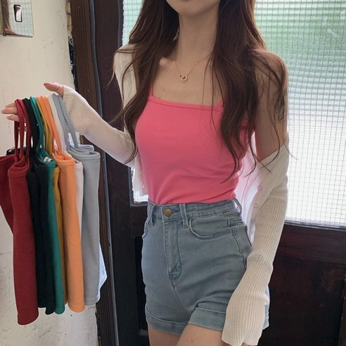 DFMEI 여름 민소매 반팔 티셔츠 짧은 기질 겉옷 슬링 내부 일치 우아한 꽉 핑크 조끼 여성 여름 트렌디