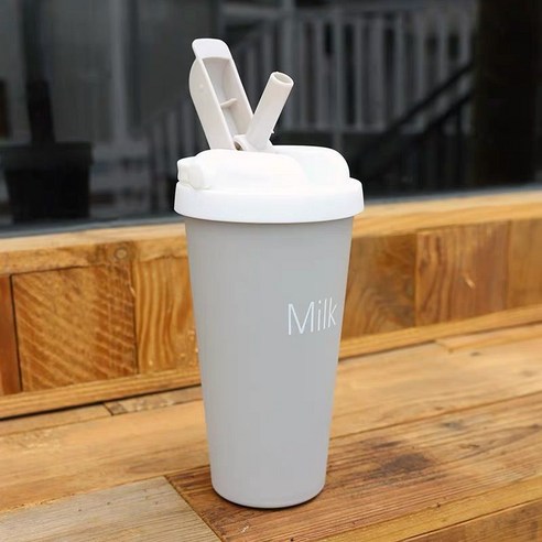 스테인레스 스틸 보온병 컵 휴대용 커피 컵 짚 물 컵, 회색-Milk, 500ML