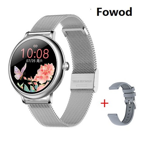 Fowod 여성 스마트워치 한글버전 + 1 실리콘 밴드, 은색 + 회색 시계줄