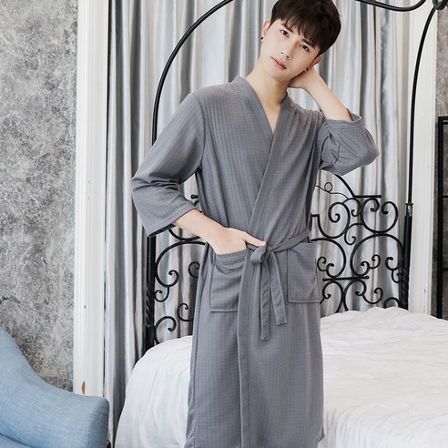 DFMEI-Y 커플 잠옷 남자 봄과 가을 얇은 목욕 가운 여성 호텔 아침 가운 중간 길이 대형 와플 흡수성 잠옷, XL 120-160 진, DFMEI 기질 회색 남성