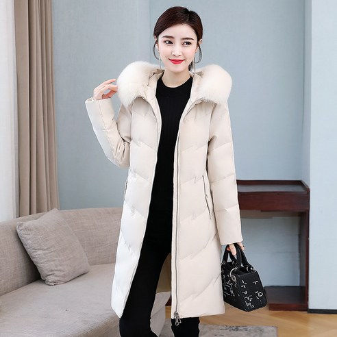 여성용 중반 다운 재킷 겨울 새로운 흰색 오리 코트 플러시 허리 꽉 재킷 드롭 배송
