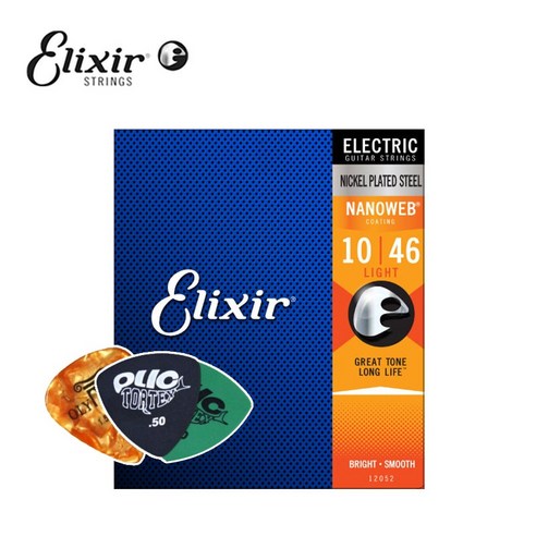 [공식수입정품] 엘릭서 일렉기타줄 나노웹 라이트 Elixir NANOWEB 12052 010-046 라이트 + 피크3p, 1개