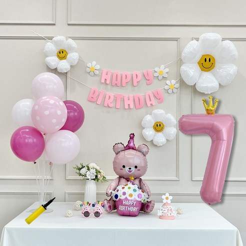 연지마켓 데이지 곰돌이 생일 파티 숫자 풍선 가랜드 세트, 7, 1세트, 베어 핑크 7