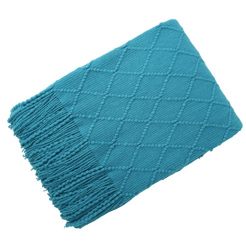 코튼 담요 이불 사무실 소파 작은 담요 낮잠 수건 담요 니트 캐주얼 커버 담요 굵은 모직, 얕은 구멍 블루 다이아몬드, 127×230CM