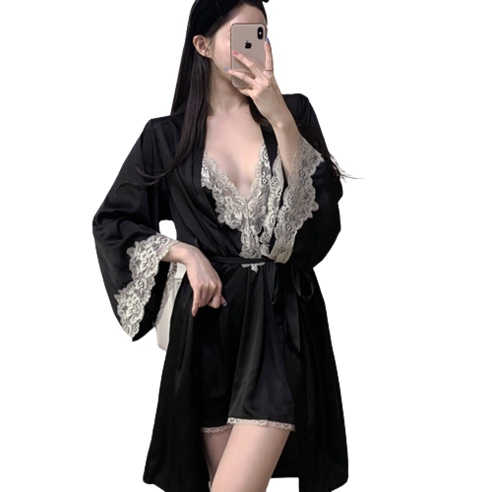 레드글램 판타지 원피스 슬립+가운 세트 여성 섹시 란제리 잠옷 홈웨어
