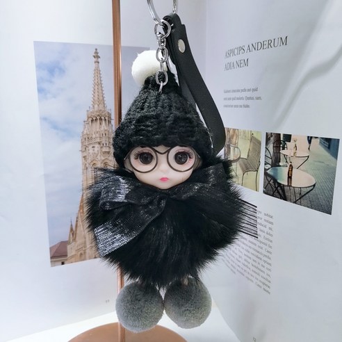 폼폼이 키링 예쁜 여우털 아기인형 자동차 열쇠고리 가방장식고리, 블랙