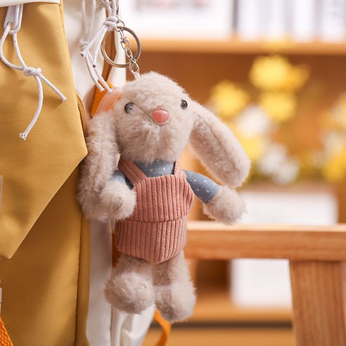 귀여운 멜빵바지 토끼인형 키링 가방 장식 키홀더, 핑크, 1개