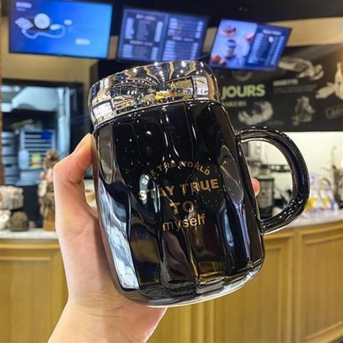 크리에이티브 커플 도자기 머그컵 사무실 뚜껑 물컵, 블랙 470 ml