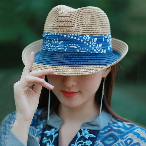 박원숙 모자 같이삽시다 버킷햇 여성 니트 면 밀짚모자 비치, 프리사이즈, 남색 꽃무늬