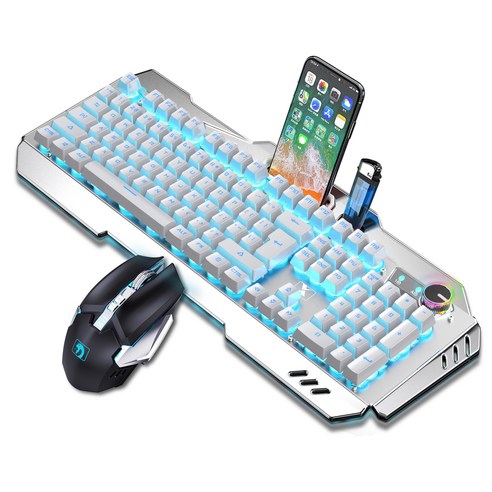 Keyxgsul K670 K3 계식 게임용 키보드 및 마우스 콤보 세트 다색 백라이트 효과 PS4 / Xbox One/Windows적용하다, 푸른 빛, 메탈 화이트, 무선