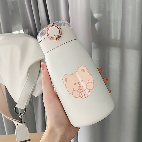 DFMEI 텀블러 여띠 빨대 스테인리스 물컵 주전자의 귀여운 배불뚝이 컵, 화이트 우유 차 곰 500ml, 싱글 컵