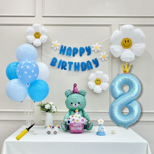 연지마켓 데이지 곰돌이 생일 파티 숫자 풍선 가랜드 세트, 8, 1세트, 베어 블루 8
