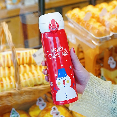 smy물 컵 여학생 귀여운 보온병 컵 간단한 크리 에이 티브 한국어 크리스마스 소녀 심장 휴대용 엘크 컵, 화이트커버눈사람/500ml, 하나