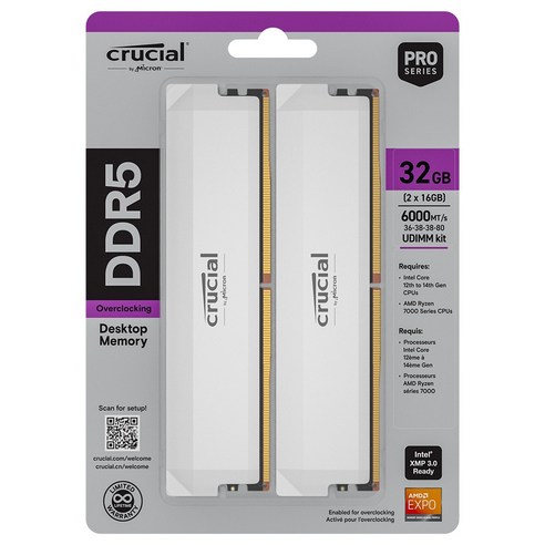 마이크론 Crucial DDR5-6000 CL36 PRO Overclocking 패키지 아스크텍 (32GB(16Gx2)), 화이트