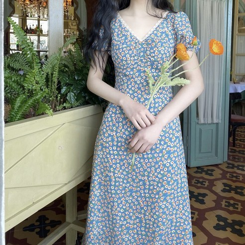 Mao여름 새로운 시폰 꽃 프랑스어 레트로 무릎 드레스 햅번 허리 슬리밍 우아한 드레스