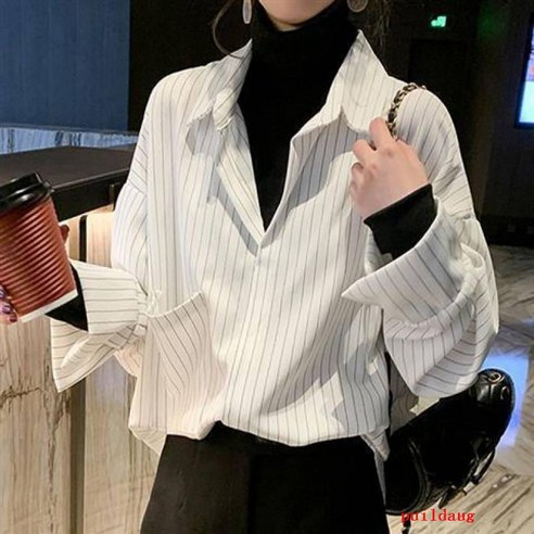 셔츠 블라우스 여성 봄과 가을 줄무늬 가짜 투피스 겹침 착용
