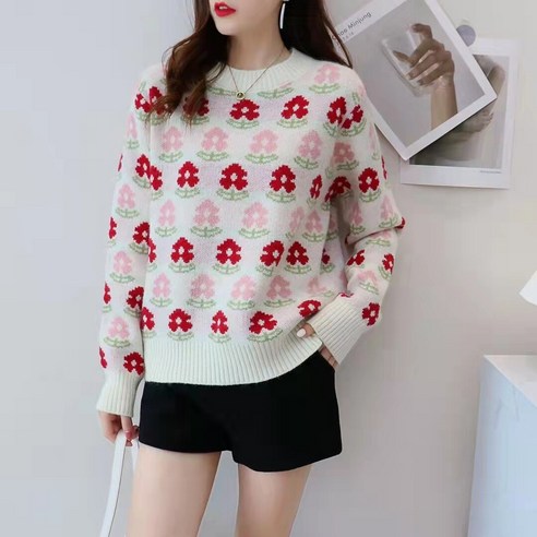 2021 가을 한국 스타일 꽃 풀오버 스웨터 여성 새로운 달콤한 학생 스웨터 느슨한 긴팔 탑 겉옷