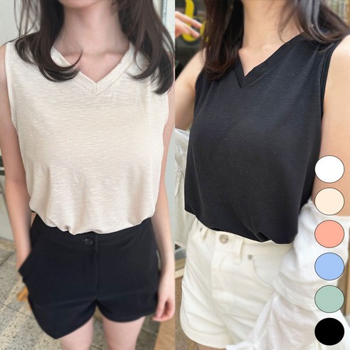 박스비 여성 무지 브이넥 반팔티 민소매 티셔츠 2종 세트