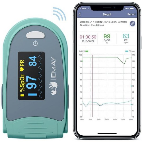 펄스 블루투스 배터리 혈중 포화 손가락 끝 심박수 모니터 산소 측정기 EMAY 수면 포화도 지속적으로 및 기록 세분화된 데이터 야간 보고서 CSV 파일 제공 iOS Androi, 1개