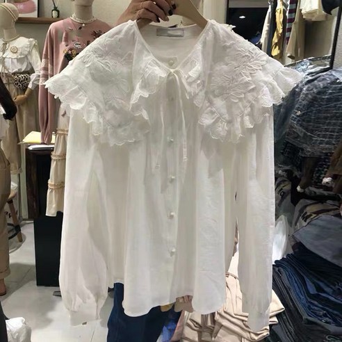 KORELAN 여성 컴포트핏 셔츠어 여성복 초선 자수 인형 칼라 긴팔 셔츠
