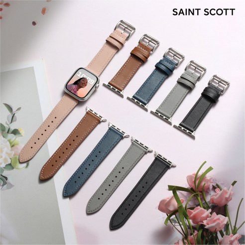 세인트스코트 STR-L01 애플워치 호환 스트랩 프리미엄 소가죽 밴드, 커넥터 38_40_41mm_리얼 블랙_실버 커넥터, 리얼 블랙_실버 커넥터, 1개