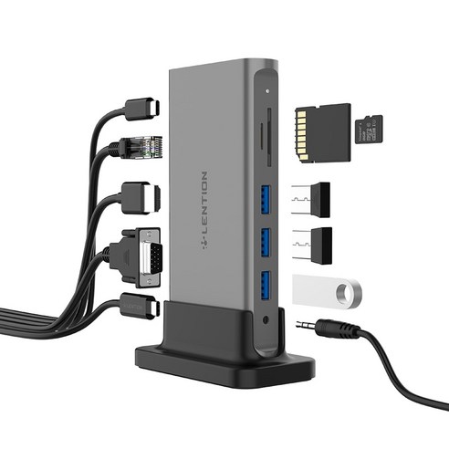 [SW] USB 허브 11 in 1 USB C 타입-멀티 HDMI RJ45 VGA USB 3.0 2.0 파워 (100W) 어댑터 도킹 스테이션 맥북 프로 USB-C 허브, 11 in  1 Grey_영국
