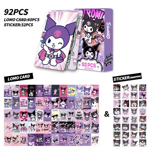 당일발송 산리오 포토카드 굿즈 LOMO 일러스트 포카 60pcs + 미니 스티커 32pcs, 1개, 쿠로mi블랙 포카60+스티커랜덤32