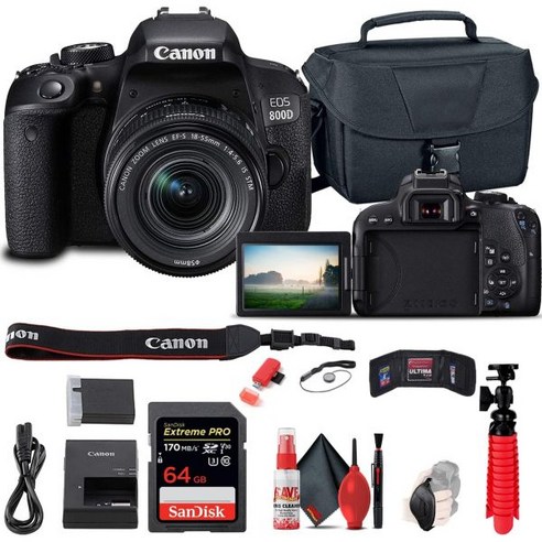 Canon 캐논 EOS 레벨 800D T7i DSLR 카메라 18-55 4-5.6은 STM 렌즈 1895C002 64GB 메모리 카드 케이스 리더 플렉스 삼각대 핸드 스트랩 캡 키