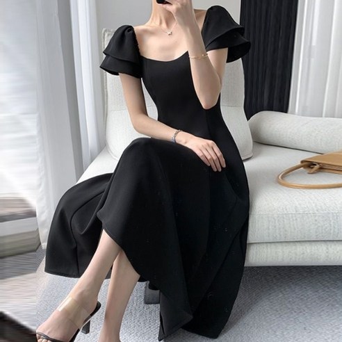 [웨딩나우ㅣ강추] 엘블랑꼬 오드리 러플 반팔 블랙 원피스 빅사이즈 셀프웨딩 블랙 드레스 돌잔치 스냅사진 원피스 [WeddingNOWㅣ추천]