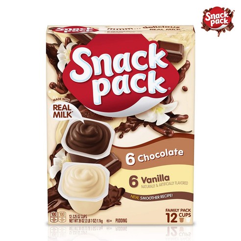 Snack Pack Chocolate Vanilla Pudding Cups 스낵 팩 초콜릿 바닐라 푸딩 컵 패밀리 팩 12개입1팩 6팩, 1개 오키오푸딩