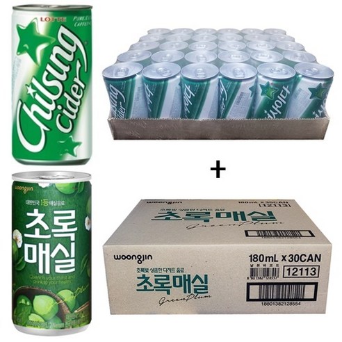 칠성사이다 190ml(30캔) + 초록매실 180ml(30캔) / (사은품증정), 60개, 190ml