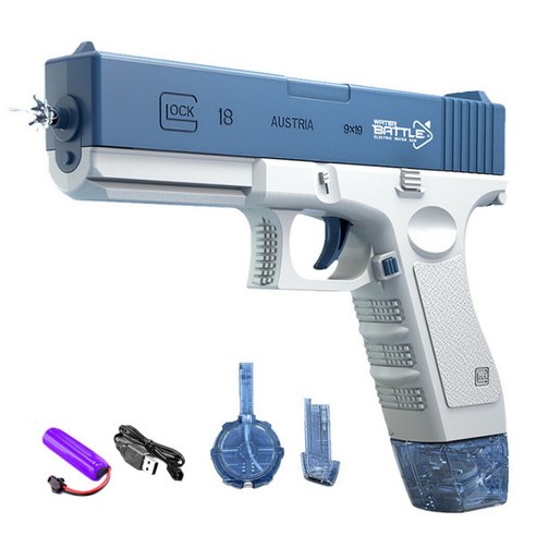1+1 전동 물총 글록 장난감 워터건 워터밤 워터블릿 기본탄창1 대용량탄창1 전동물총2대탄창4개, 핑크, 블루