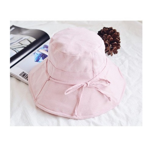 일본계 면 마 처마 어부 모자 여름 차양 모자 여자 캐주얼 백 가지 접을 수 있는 순색 대야 모자, M（56-58cm）, 핑크/핑크