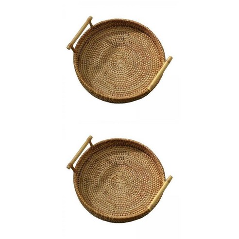 2pcs 짠 바구니 고리 버들 서빙 트레이 손잡이 과일 디스플레이 홈 장식, 자연스러운, 24x3cm 28x4cm, 등나무