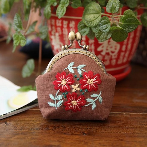 프랑스자수 동전지갑 파우치 DIY 손가방 만들기 세트 재료 크로스백 패키지, 플라워리 농커우 백~커피-8.5cm DIY
