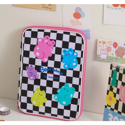 태블릿PC 아이패드 파우치 곰 PVC 투면 플라워 바둑판 무늬 큐티 캐릭터 태블릿 파우치 노트북 케이스 가방 8종 4566, 08